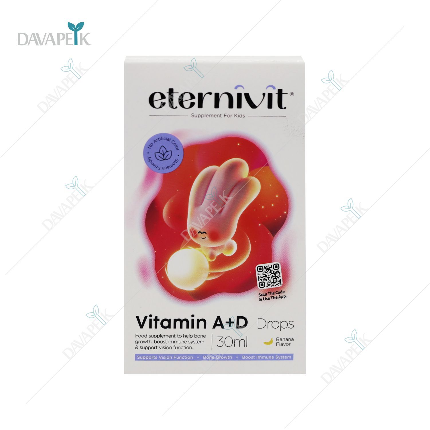 بسته سفید قطره ویتامین آ د اترنیویت مخصوص کودکان، با نوشتههای آبی و بنفش و جدول ترکیبات ویتامین A و D در پایین جعبه، دا