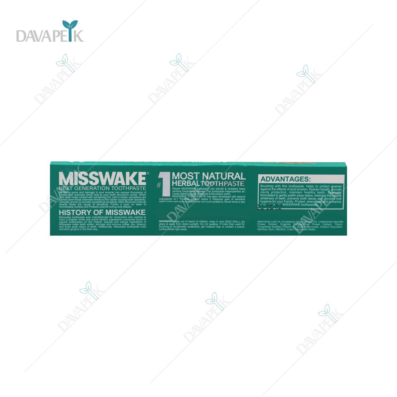 تصویر خمیردندان گیاهی میسویک با بستهبندی سبز و سفید روی پسزمینه روشن.