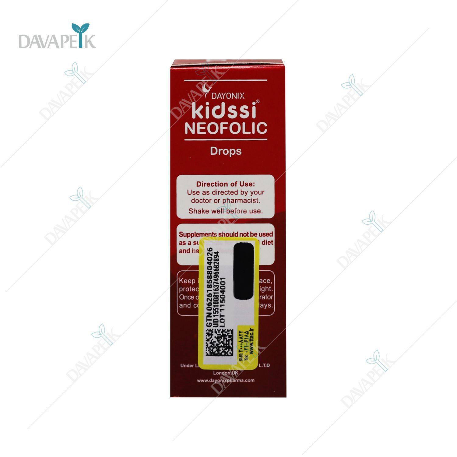 تصویر قطره نئوفولیک کیدزی دایونیکس با بستهبندی قرمز و سفید مخصوص کودکان