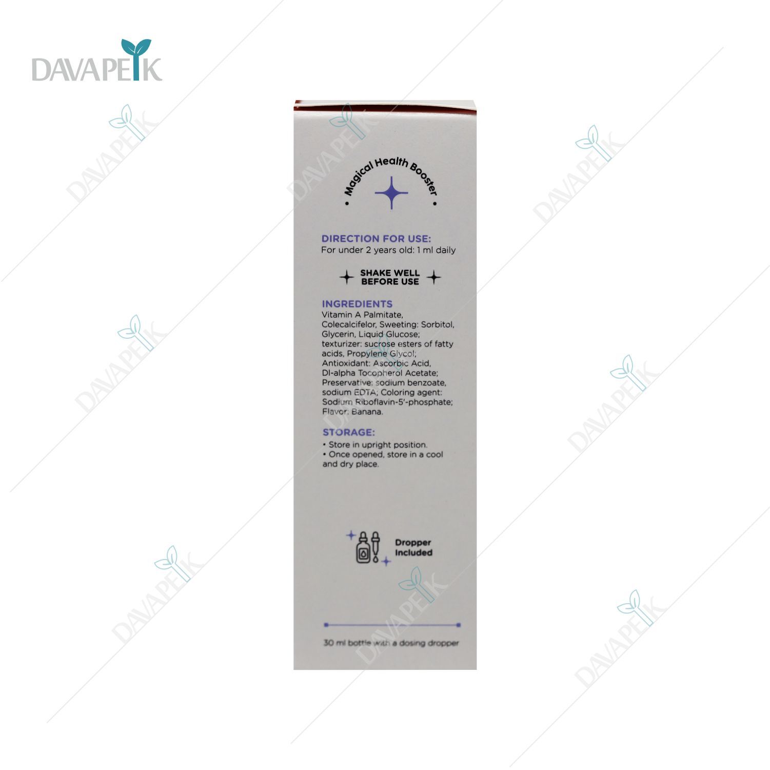 نمای پشت جعبه قطره ویتامین آ د اترنیویت حاوی اطلاعات تغذیهای، مقدار ویتامین A و D در هر میلیلیتر، و توضیح نحوه مصرف بر